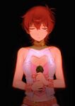  1girl absurdres belt black_background breasts cleavage cleavage_cutout closed_eyes closed_mouth clothing_cutout commentary_request facing_viewer fishnet_cutout heart_cutout highres holding holding_microphone idolmaster idolmaster_million_live! julia_(idolmaster) microphone million_dreams_(idolmaster) official_alternate_costume pink_belt red_hair short_hair simple_background sleeveless solo studded_belt studded_wristband upper_body yatatashira 