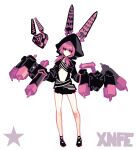  1girl animal_hood anzu_(anzuhan) black_hoodie black_rock_shooter black_rock_shooter_(game) black_skirt crossed_belts drone highres hood hoodie mechanical_arms nafhe pink_eyes pink_hair rabbit_hood skirt star_(symbol) white_background 