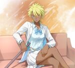  1girl bleach bleach:_the_high_school_warfare blonde_hair blue_bow blue_bowtie bow bowtie closed_mouth collared_shirt colored_eyelashes commentary couch crossed_legs dark-skinned_female dark_skin deadman70232800 dress_shirt expressionless eyebrows_hidden_by_hair feet_out_of_frame green_eyes hair_between_eyes highres jacket jewelry lips long_sleeves looking_at_viewer medium_hair miniskirt necklace nose on_couch open_clothes open_jacket orange_background pleated_skirt school_uniform shirt simple_background skirt solo spiked_hair suit_jacket thighs tier_harribel tsurime v-shaped_eyebrows white_jacket white_shirt white_skirt wolf_cut 