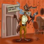  1:1 3_toes 4_fingers anthro belt black_claws black_nose blaueratte bottomwear brown_body brown_fur canid canine canis chair cigar cigar_in_mouth claws clothed clothing coyote door eyewear feet fingers fur furniture german_text glasses holding_object holding_tool inside jacket looking_at_viewer looney_tunes male mammal multicolored_body multicolored_fur object_in_mouth pants pliers shirt sign smoke smoking smoking_cigar sofa solo standing table text toes tools topwear translated warner_brothers wearing_glasses wile_e._coyote yellow_eyes 