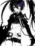  1girl armor belt belt_skirt black_rock_shooter braised_cutlass chain commentary_request fire flaming_eye gauntlets highres insane_black_rock_shooter long_hair loose_belt purple_eyes purple_fire rock_cannon scar shorts stitches twintails uneven_twintails 