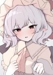  1girl 1other absurdres ascot bat_wings blush breasts collared_shirt commentary_request ear_blush ei_tantan frilled_shirt_collar frills grey_hair hand_grab hat hat_ribbon highres looking_at_viewer medium_breasts medium_hair mob_cap open_mouth pink_ascot pink_shirt pointy_ears red_eyes remilia_scarlet ribbon shirt smile solo_focus touhou upper_body wings 