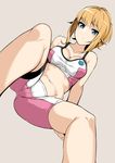  bad_id bad_pixiv_id bare_shoulders bike_shorts blue_eyes blush breasts brown_hair cameltoe gundam gundam_build_fighters gundam_build_fighters_try hoshino_fumina koko_shiguma long_hair looking_at_viewer medium_breasts midriff navel ponytail scrunchie sitting solo sports_bra spread_legs trefoil 