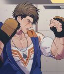  1boy absurdres arms_up blue_eyes blue_jacket brown_hair clenched_hands collarbone commentary_request dog_tags forked_eyebrows from_side highres hood hood_down hooded_jacket jacket luke_sullivan male_focus multiple_scars open_mouth orange_jacket parted_hair partially_unzipped prat_rat print_shirt scar scar_across_eye scar_on_arm scar_on_face shirt short_hair short_sideburns sideburns sleeveless sleeveless_jacket solo street_fighter street_fighter_6 sweat two-sided_fabric two-sided_jacket upper_body white_shirt 