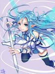  2014 asuna_(sao) asuna_(sao-alo) blue_eyes blue_hair blue_legwear boots dated jewelry long_hair looking_at_viewer pisuke pointy_ears ring signature smile solo sword sword_art_online thighhighs weapon wedding_band white_footwear wings 