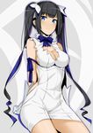  bad_id bad_pixiv_id black_hair blue_eyes blue_ribbon cleavage_cutout cowboy_shot dress dungeon_ni_deai_wo_motomeru_no_wa_machigatteiru_darou_ka gloves hair_ornament hestia_(danmachi) koko_shiguma long_hair looking_at_viewer rei_no_himo ribbon short_dress solo twintails white_dress white_gloves 