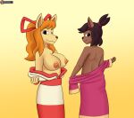  absurd_res accessory anthro asian_clothing big_breasts bow_ribbon breasts brown_body brown_fur brown_hair canid canine ceroba_ketsukane clothing duo east_asian_clothing female fox fur hair hair_accessory hair_bow hair_ribbon hair_tie hi_res japanese_clothing kanako_ketsukane kimono looking_at_viewer mammal orange_body orange_fur orange_hair presenting presenting_breasts ribbons seductive shmazman undertale_yellow undressing 