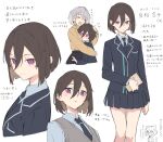  2girls animal_ears black_jacket black_necktie black_skirt bob_cut book brown_hair brown_sweater cat_ears cat_girl cat_tail character_profile collared_shirt earrings grey_shirt grey_sweater_vest hair_between_eyes headpat height_difference highres holding holding_book hug jacket jewelry kanadate_ruri kanade_(kanade_3344) kemonomimi_mode long_hair_between_eyes long_sleeves multiple_girls necktie open_mouth original oshiro_madoko purple_eyes shirt short_hair simple_background skirt sweater sweater_vest tail translation_request white_background 