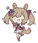  1girl absurdres animal_ears blush bow brown_hair chibi commentary english_commentary frills full_body hair_between_eyes hair_bow highres holding holding_microphone horse_ears horse_girl horse_tail looking_at_viewer microphone motion_lines multiple_hair_bows musical_note one_eye_closed open_mouth pink_bow pink_shoes pink_skirt puffy_short_sleeves puffy_sleeves purple_bow red_socks shirt shoes short_sleeves simple_background skirt smart_falcon_(love_4ever)_(umamusume) smart_falcon_(umamusume) smile socks solid_oval_eyes solo standing standing_on_one_leg suspender_skirt suspenders tail twintails ukichan22905846 umamusume white_shirt wrist_cuffs 