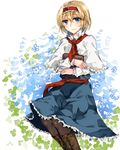  alice_margatroid black_legwear blonde_hair blue_dress blue_eyes book book_hug boots capelet cross-laced_footwear dress flower hairband holding holding_book lolita_hairband long_sleeves looking_at_viewer pantyhose rinarisa sash smile solo touhou white_capelet 