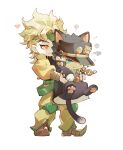 2boys absurdres animal_ears belt black_coat black_hat black_shirt blonde_hair buttoned_cuffs buttons carrying cat_boy cat_ears cat_tail closed_mouth coat commentary_request curtained_hair dio_brando frown green_belt hat headband heart highres jacket jojo_no_kimyou_na_bouken kemonomimi_mode kujo_jotaro long_sleeves looking_at_another looking_back looking_to_the_side male_focus multiple_boys open_clothes open_jacket orange_eyes pants pointy_shoes popped_collar shirt sideways_glance simple_background smile squiggle standing stardust_crusaders tail vetania white_background yellow_jacket yellow_pants 