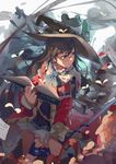  black_hair blue_eyes book hat highres huanxiang_heitu long_hair monocle original solo witch_hat 