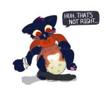  2026 3_toes 4_fingers anthro bandage bandage_on_tail bandaged_tail big_diaper black_body black_ears black_fur black_inner_ear black_tail blush blush_lines blush_stickers bodily_fluids boredomwithfriends bottomwear bottomwear_around_one_leg bottomwear_down breasts brown_bottomwear brown_clothing brown_pants clothed clothing clothing_around_one_leg dialogue dialogue_in_description diaper domestic_cat ears_down ellipsis english_text feet felid feline felis female fingers front_view full-length_portrait fur genital_fluids hi_res long_sleeve_shirt looking_down mae_borowski mammal night_in_the_woods notched_ear on_one_leg orange_clothing orange_shirt orange_topwear pants pants_around_one_leg pawpads pink_pawpads pivoted_ears portrait shirt simple_background solo speech_bubble standing tail text toes topwear unclean_diaper urine used_diaper wearing_diaper wet_diaper whiskers white_background worried yellow_sclera 