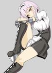  amputee bad_id bad_pixiv_id black_footwear blonde_hair boots cross-laced_footwear grey_background knee_boots koko_shiguma lace-up_boots lavender_hair leg_hug looking_at_viewer maid maid_headdress original platform_footwear platform_heels short_hair simple_background solo 