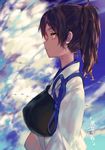  aircraft airplane blue_sky breasts brown_eyes brown_hair cloud cloudy_sky day highres japanese_clothes kaga_(kantai_collection) kantai_collection large_breasts leung_ka_che muneate outdoors profile side_ponytail sky solo tasuki translated upper_body 