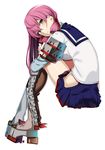  akashi_(kantai_collection) bad_id bad_twitter_id from_side green_eyes head_tilt hip_vent kantai_collection kneehighs koko_shiguma long_hair looking_at_viewer pink_hair school_uniform serafuku simple_background sitting skirt solo white_background 