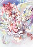  :d bow cloud cloudy_sky feathered_wings feathers flying full_body gloves hair_bow highres kaname_madoka kyubey magical_girl mahou_shoujo_madoka_magica open_mouth pink_eyes pink_hair sky smile soul_gem syncaidia twintails wings 