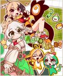  2girls absurdres ahoge arrow_(symbol) ascot bandaid bandaid_on_knee bandaid_on_leg blush bow cecilia_immergreen cecilia_immergreen_(1st_costume) character_hood character_name chibi chibi_inset claw_pose clawed_boots closed_mouth colorful commentary detached_collar detached_sleeves doll_joints dress english_commentary fang gigi_murin gigi_murin_(1st_costume) green_dress green_eyes grem_(gigi_murin) heart highres hololive hololive_english huge_ahoge jacket joints looking_at_viewer multicolored_hair multiple_girls musical_note_ornament open_mouth orange_hair otomo_(cecilia_immergreen) pajamas pink_eyes red_ascot red_bow single_thighhigh smile speech_bubble star_(symbol) streaked_hair striped_clothes striped_thighhighs tail thighhighs wankonanoo white_hair winding_key yellow_jacket 