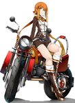  arm_support boots cross-laced_footwear ground_vehicle hair_ornament high_heel_boots high_heels highres knee_boots koko_shiguma lace-up_boots motor_vehicle motorcycle orange_eyes orange_hair original scarf shadow short_shorts shorts sidesaddle simple_background sitting solo white_background 