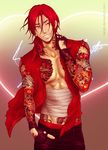  fingerless_gloves free! gloves hand_on_shoulder male_focus matsuoka_rin open_clothes open_shirt ralipb red_eyes red_hair shirt smile solo tattoo 