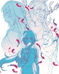  2girls :d ;d absurdres amyucheu china_dress chinese_clothes closed_eyes commentary_request dress feathers fu_hua fu_hua_(phoenix) fu_hua_(taixuan_impression) grin herrscher_of_sentience highres honkai_(series) honkai_impact_3rd long_hair multiple_girls multiple_views one_eye_closed open_mouth ponytail simple_background smile teeth very_long_hair white_background 