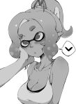  1girl 1other bare_shoulders blush body_freckles breasts cleavage closed_mouth collarbone commentary_request freckles greyscale hand_on_another's_cheek hand_on_another's_face heart highres inkling large_breasts mechanic_(splatoon_raiders) monochrome obsydian0x pointy_ears ponytail short_eyebrows simple_background solo_focus splatoon_(series) splatoon_raiders spoken_heart tank_top tentacle_hair thick_eyebrows upper_body white_background 