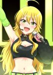  1girl absurdres ahoge arm_up belt blonde_hair blurry blurry_background blush breasts cleavage commentary_request green_belt green_eyes hair_between_eyes headset highres holding holding_microphone hoshii_miki idolmaster idolmaster_million_live! idolmaster_million_live!_theater_days large_breasts long_hair long_sleeves looking_at_viewer microphone mimiu_p navel open_mouth purple_nails smile solo teeth tongue upper_body upper_teeth_only 