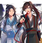  2boys ahoge bichen_sword black_hair black_hanfu black_sash blue_sash blurry border brown_hair chinese_clothes closed_mouth depth_of_field eating food grandmaster_of_demonic_cultivation grey_eyes grey_shirt hair_ribbon hanfu headband high_ponytail highres holding holding_food holding_sword holding_weapon implied_yaoi jiangshi lan_wangji long_hair long_sleeves looking_at_another male_focus multiple_boys official_alternate_costume open_mouth parted_bangs ponytail red_ribbon red_sash ribbon robe sash sheath sheathed shirt sidelocks smile sword tanghulu tensen11291 topknot twitter_username upper_body very_long_hair weapon wei_wuxian wei_wuxian_(yunmeng_clan) white_hanfu white_headband wide_sleeves yellow_eyes 
