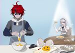  1boy 1girl absurdres ahoge apron black_hair black_hairband black_hat black_streaks blue_background blue_eyes bow bowtie braid bread bread_slice coffee commentary commission cooking couple cracking_egg cup disposable_coffee_cup disposable_cup dumplinfluffy egg english_commentary food grey_apron grey_hair grey_jacket hairband hat hetero highres holding holding_egg holding_eggshell hood hoodie jacket jacket_over_hoodie kirifuji_nozomi long_hair long_sleeves multicolored_hair necktie open_mouth red_hair shirt short_hair short_sleeves sirei_(hundred_line) skirt smile sparkle streaked_hair sumino_takumi table the_hundred_line_-last_defense_academy- toast two-tone_hair white_hair white_hoodie white_shirt 