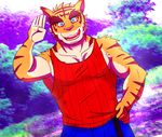  anthro big_muscles blue_eyes clothing feline horror hypnosis mammal mind_control morenatsu muscles open_mouth smile tiger torahiko_ooshima undefined_background 