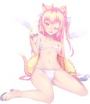  ;q ahoge angel_wings animal_ears arm_behind_back arm_support bare_legs bare_shoulders bikini blonde_hair blush breasts cat_ears cat_tail dev flip-flops food food_on_body food_on_face ice_cream innertube jewelry long_hair looking_at_viewer million_arthur_(series) navel necklace one_eye_closed original pinky_out popsicle sandals sexually_suggestive simple_background single_sandal sitting small_breasts solo swimsuit tail tongue tongue_out two_side_up very_long_hair wariza white_background white_bikini wings yellow_eyes 