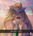  :p absurdres baspingy beach blonde_hair burger commentary diamond_(gemstone) english_commentary english_text food food_on_head green_eyes highres jewelry looking_at_viewer lusamine_(pokemon) marriage_proposal object_on_head one_eye_closed pokemon pokemon_sun_and_moon ring shadow tongue tongue_out 