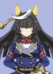  1girl ahoge animal_ears ascot asymmetrical_jacket black_hair blue_jacket blunt_bangs breasts buttons calstone_light_o_(one_true_path)_(umamusume) calstone_light_o_(umamusume) closed_mouth commentary_request double-breasted ear_covers highres hime_cut horse_ears horse_girl jacket long_hair long_sleeves looking_at_viewer medium_breasts multicolored_hair red_ascot simple_background solo striped_hair umamusume white_hair yellow_eyes zukki_(bijitaru) 