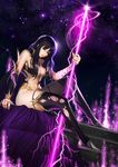  absurdres black_eyes black_hair breasts cleavage fantasy go_yeon_ju highres large_breasts legs lightning long_hair long_legs looking_at_viewer memorize nail_polish night night_sky silvester sitting sky solo staff star_(sky) thighhighs thighs torn_clothes torn_legwear 