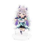  1girl animal_ear_fluff animal_ears black_gloves black_shorts blue_bow blue_eyes blue_socks blush boots bow commentary_request gloves grey_hair hair_between_eyes holding holding_microphone long_hair low_twintails microphone multicolored_hair nyaha original partially_fingerless_gloves pentagram purple_hair shirt shorts simple_background single_sock socks solo star_(symbol) streaked_hair twintails two-tone_hair very_long_hair white_background white_boots white_hair white_shirt 