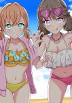  2girls :q aqua_eyes backlighting bikini blue_sky blush breasts brown_hair claw_pose cleavage closed_mouth collarbone commentary_request crossed_bangs eyewear_on_head floral_print floral_print_bikini frilled_bikini frills fujishima_megumi fujishima_megumi_(swimsuit) grin hair_ornament hairclip hairpin heart heart-shaped_eyewear hibiscus_print highres hinoshita_kaho hinoshita_kaho_(swimsuit) long_hair looking_at_viewer love_live! love_live!_hasu_no_sora_jogakuin_school_idol_club low_twintails medium_breasts medium_hair midriff mimiu_p mismatched_bikini multi-tied_hair multiple_girls multiple_hairclips navel official_alternate_costume official_alternate_hairstyle orange_hair parallel_hairclips pink-framed_eyewear pink-tinted_eyewear print_bikini purple_eyes ruffle_bikini shiny_skin sky smile swimsuit tinted_eyewear tongue tongue_out twintails v-shaped_eyebrows virtual_youtuber white_bikini yellow_bikini 
