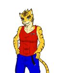 anthro big_muscles blue_eyes clothing feline mammal morenatsu muscles plain_background smile tiger torahiko_ooshima 