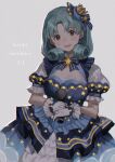  1girl absurdres blue_bow blue_bowtie blue_dress bow bowtie breasts crown dress frilled_dress frills gloves green_hair grey_background hair_bow happy_birthday highres holding holding_microphone idolmaster idolmaster_million_live! idolmaster_million_live!_theater_days looking_at_viewer medium_hair microphone mini_crown official_alternate_costume open_mouth orange_eyes print_dress simple_background smile solo standing star_(symbol) star_print tokugawa_matsuri upper_body white_gloves yatatashira 