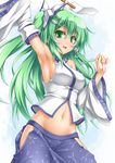  alternate_hairstyle arm_up armpits bare_shoulders blush bow breasts detached_sleeves frog_hair_ornament gohei green_eyes green_hair hair_bow hair_ornament hair_tubes highres kochiya_sanae long_hair looking_at_viewer medium_breasts navel no_panties open_mouth roura side_ponytail side_slit sideboob smile snake_hair_ornament solo touhou 