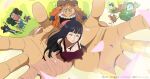  4girls 6+boys ^_^ afro arm_up arms_up beard black_hair blonde_hair blue_hair blue_skin blunt_bangs blush bodysuit brook_(one_piece) cape carrying carrying_person chest_tattoo chicoamariyo closed_eyes colored_skin commentary dress eyelashes facial_hair fake_horns falling_petals floating_hair franky_(one_piece) from_above full_body giant goatee green_hair green_kimono hands_on_own_hips happy happy_tears hat helmet highres horned_helmet horns indian_style jaguar_d._saul japanese_clothes jewelry_bonney jinbe_(one_piece) kimono leg_warmers long_hair monkey_d._luffy multiple_boys multiple_girls nami_(one_piece) nico_robin official_art on_shoulder one_piece orange_hair outdoors petals purple_dress purple_hat red_cape roronoa_zoro round_teeth sanji_(one_piece) sash scar scar_on_arm scar_on_face short_hair sitting skeleton smile straw_hat_pirates tattoo tears teeth tony_tony_chopper usopp vegapunk_lilith vertical-striped_overalls wide_sleeves 