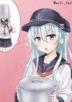  anti_(untea9) blue_eyes blush chestnut_mouth commentary_request furrowed_eyebrows hat hibiki_(kantai_collection) highres instrument kantai_collection long_hair open_mouth pot pot_on_head recorder school_uniform serafuku silver_hair simple_background skirt solo sparkle thought_bubble twitter_username 