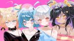  4girls absurdres ahoge animal_ears antennae aqua_hair bare_shoulders black_choker black_hair black_jacket black_shirt blonde_hair blue_eyes blue_shirt blush bow brain cat_ears cat_girl choker chrchie closed_mouth colored_inner_hair commentary cross-shaped_pupils crossed_bangs dress ellie_minibot emirisu exposed_brain facial_mark folded_twintails glasses hair_between_eyes hair_bow hair_intakes hair_ornament highres horns indie_virtual_youtuber jacket long_hair looking_at_viewer minikomew multicolored_hair multiple_girls pink_background purple_hair purple_horns purple_scales red_eyes reptile_girl round_eyewear shirt shoomimi short_hair smile spiked_choker spikes star_(symbol) star_choker striped_clothes striped_shirt symbol-shaped_pupils twintails untranslatable_commentary virtual_youtuber white_dress white_hair yellow_bow yellow_eyes 