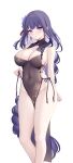  1girl black_dress blush breasts china_dress chinese_clothes cleavage closed_mouth collarbone commentary_request covered_navel dress flower genshin_impact groom hair_flower hair_ornament highres large_breasts long_hair looking_at_viewer miko_(royal_milk) mole mole_under_eye no_panties pelvic_curtain purple_eyes purple_hair raiden_shogun sideboob solo very_long_hair white_background 