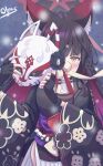  1girl absurdres animal_ears black_gloves black_kimono black_nails blue_archive blush commentary_request covering_face fingerless_gloves fingernails floral_print floral_print_kimono fox_ears fox_girl fox_mask gloves grey_sailor_collar halo highres holding holding_mask japanese_clothes kimono long_fingernails looking_at_viewer mask obi open_mouth print_kimono purple_sash qlyus red_hair red_halo sailor_collar sash side_slit skirt solo wakamo_(blue_archive) white_skirt yellow_eyes 