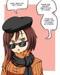  beret black_scarf brown_eyes brown_hair coco_adel english hat highres lunarisaileron multicolored_hair no_nose open_mouth orange_shirt red_background rejection rwby scarf shirt solo speech_bubble sunglasses sweater 
