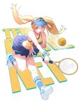  1girl :o ankle_socks armpit_crease ball bare_arms bare_legs bare_shoulders blonde_hair blue_eyes blue_skirt blue_socks blue_visor_cap breasts capcom clothes_writing collarbone commentary copyright_request english_commentary english_text floating_hair green_eyes highres holding holding_tennis_racket long_hair looking_at_viewer medium_breasts midriff miniskirt multicolored_eyes net_de_tennis open_hand outstretched_arm playing_sports pleated_skirt poch4n racket running shoes skirt socks solo striped_wristband tank_top tareme teeth tennis tennis_ball tennis_racket text_background twintails two-tone_eyes upper_teeth_only visor_cap white_background white_shoes wind wind_lift wristband yellow_tank_top 