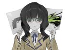  1girl black_hair black_rock_shooter blazer blue_ribbon braised_cutlass drawing_(object) glasses green_eyes gun handgun highres jacket medium_hair ribbon school_uniform takanashi_yomi weapon white_background 