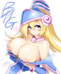  1girl areolae bare_shoulders blonde_hair blue_eyes blush boots breast_grab breast_hold breasts breasts_outside bursting_breasts dark_magician_girl duel_monster female hat huge_breasts large_breasts long_hair looking_at_viewer mizuyan nipples no_bra puffy_nipples simple_background smile solo upper_body wizard_hat yu-gi-oh! yuu-gi-ou_duel_monsters 