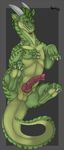 2015 anus balls bird&#039;s-eye_view claws digitigrade dragon erection feral fersir green_scales grey_background hand_on_chest high-angle_shot horn knot lying male on_back penis plain_background red_eyes scalie smile solo spitey vein veiny_penis 