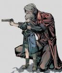  2boys absurdres black_gloves black_shirt blue_coat coat collared_jacket dante_(devil_may_cry) devil_may_cry_(series) devil_may_cry_1 devil_may_cry_4 gloves grey_background grey_hair highres jacket long_coat male_focus multiple_boys nero_(devil_may_cry) pants parted_hair pizzaaschoolll red_coat red_jacket shirt short_hair simple_background smile uncle_and_nephew weapon 